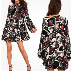Free People Mini Dress‎ Size XS Balloon Sleeves Halter Cut Out Geometric Swing